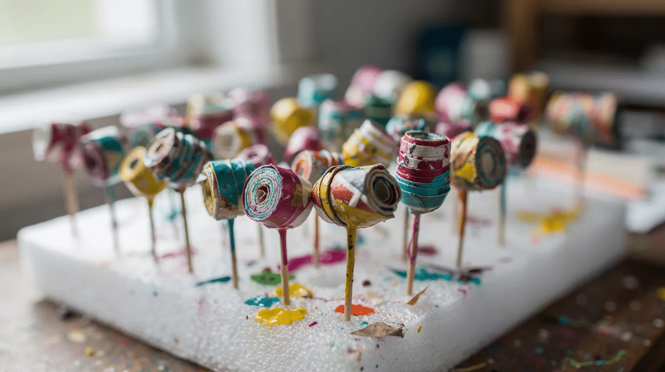 9fa7a024 2485 4cea baa3 521bf3f963ef Colorful handmade paper beads are drying on toothpicks inserted into a foam block showcasing a variety of designs made from old magazine pages This creative process is perfect for beginners looking to make unique paper bead bracelets or necklaces