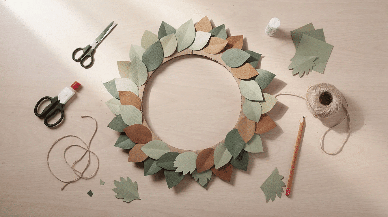9fc5e4bc 6ff5 445e b2cb 4e1ee9c53311 The image features a cardboard ring as the wreath base surrounded by various paper leaves and craft supplies including glue and sticky tape arranged neatly for a fun project to create a paper wreath This setup provides inspiration for making a decorative paper Christmas wreath perfect for the holidays