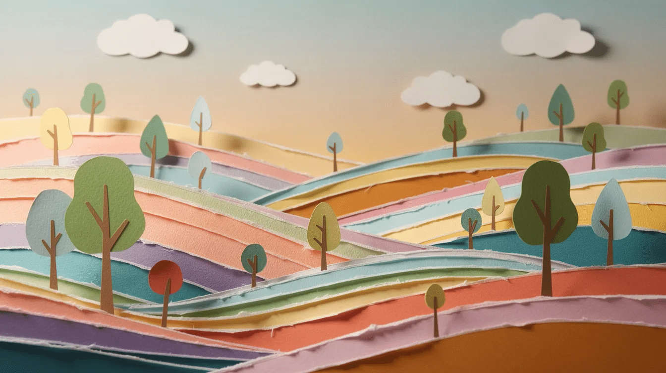 The image depicts a vibrant layered paper landscape featuring colorful hills and trees showcasing the creativity involved in creating a D paper sculpture Various materials such as scissors and glue are used in this fun project highlighting techniques that beginners can follow to complete their own artistic designs