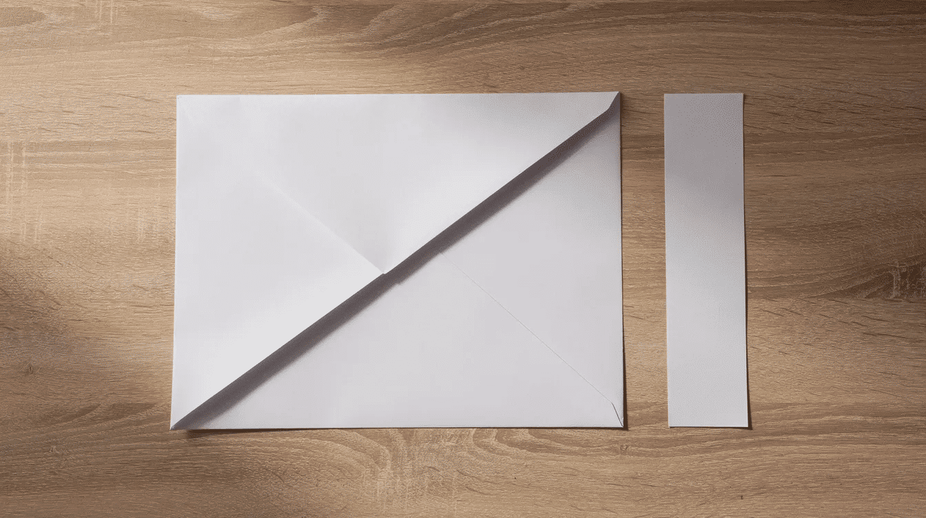 A rectangular sheet of paper is folded diagonally into a triangle with a narrow strip of paper placed beside it on a wooden table illustrating a step in creating a DIY paper gift box without glue This image showcases the beginning stages of a paper crafts project perfect for making unique paper gifts