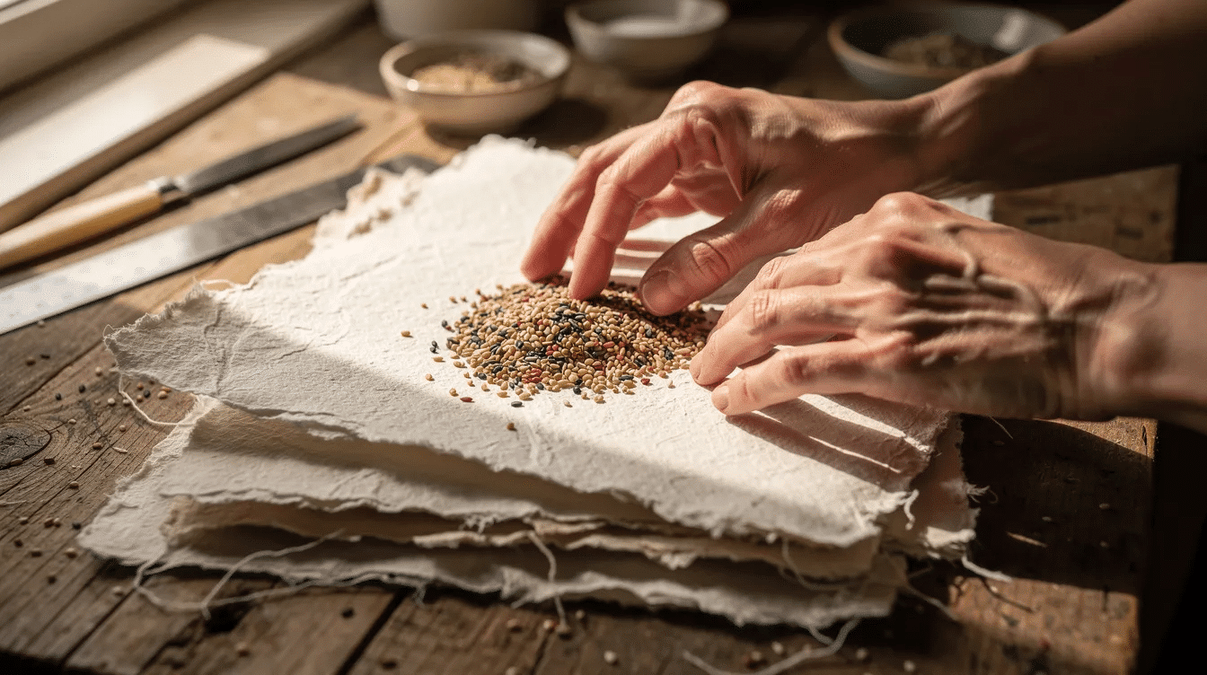 A4493dbe 37fa 4d87 b200 da954cc609a2 The image shows hands arranging handmade paper sheets along with small wildflower seeds on a craft table highlighting the process of making homemade seed paper Various materials like paper pulp and flower petals are present indicating a creative project that combines crafting with gardening