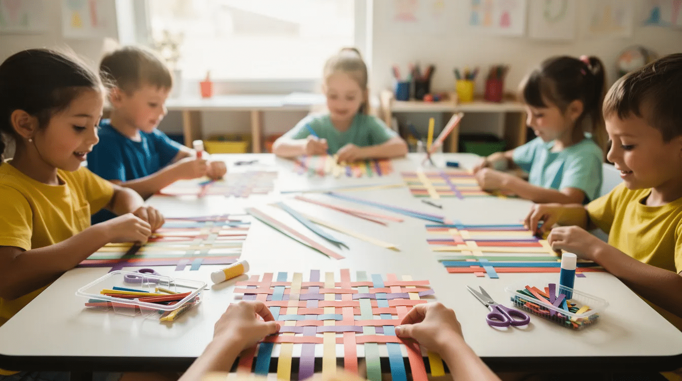 A65f2f4a b2b0 4f4e a167 6dd5521cffe7 A group of children are engaged in a colorful paper weaving project arranging vibrant paper strips on a table to create interesting weaving patterns They are using tools like scissors glue sticks and painter's tape to secure their warp and weft strips, exploring different color combinations and enjoying the creative process.