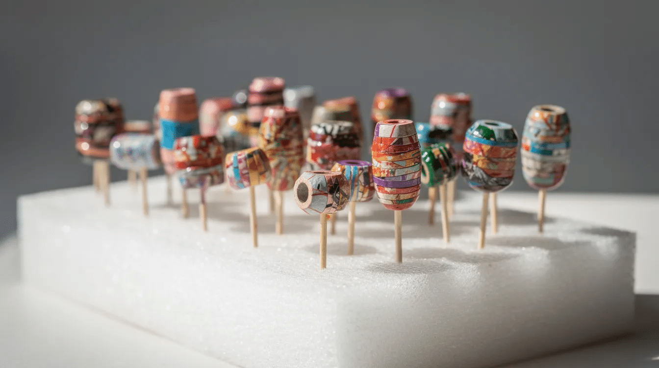The image shows several colorful paper beads drying on toothpicks inserted into a foam block showcasing the bead making process The beads made from rolled paper strips are coated with a clear sealant like mod podge or nail polish to give them a glossy finish and ensure durability