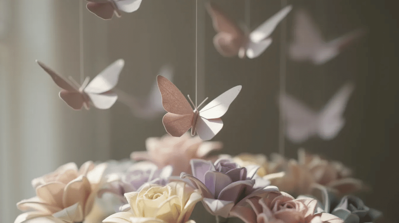 The image features colorful origami butterflies hanging delicately from thin strings surrounded by vibrant paper flowers creating a whimsical and decorative display This charming scene showcases the beauty of paper crafts and the art of making origami perfect for both beginners and experienced crafters