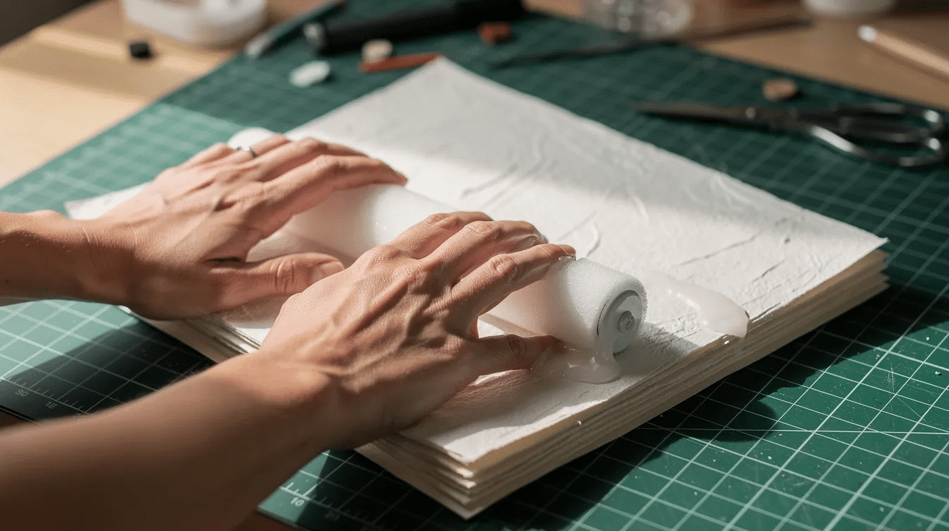 Aa76ec22 c32b 4e30 9108 a1d14e672b2e A pair of hands is using a foam roller to smooth down layers of glued high quality cardstock paper on a cutting mat ensuring a flat and even surface for card making or other crafting projects The process highlights the importance of achieving the right thickness and texture for premium projects like greeting cards or invitations