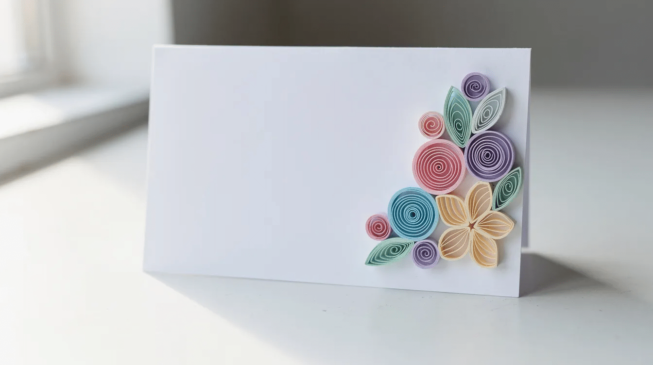 Aaab8a20 1bff 43c3 a0eb 77a20b45e7c2 The image features a blank greeting card adorned with delicate pastel quilled flowers showcasing various shapes crafted from thin strips of quilling paper This charming design highlights the beauty of paper quilling art perfect for beginners looking to create unique paper quilling projects