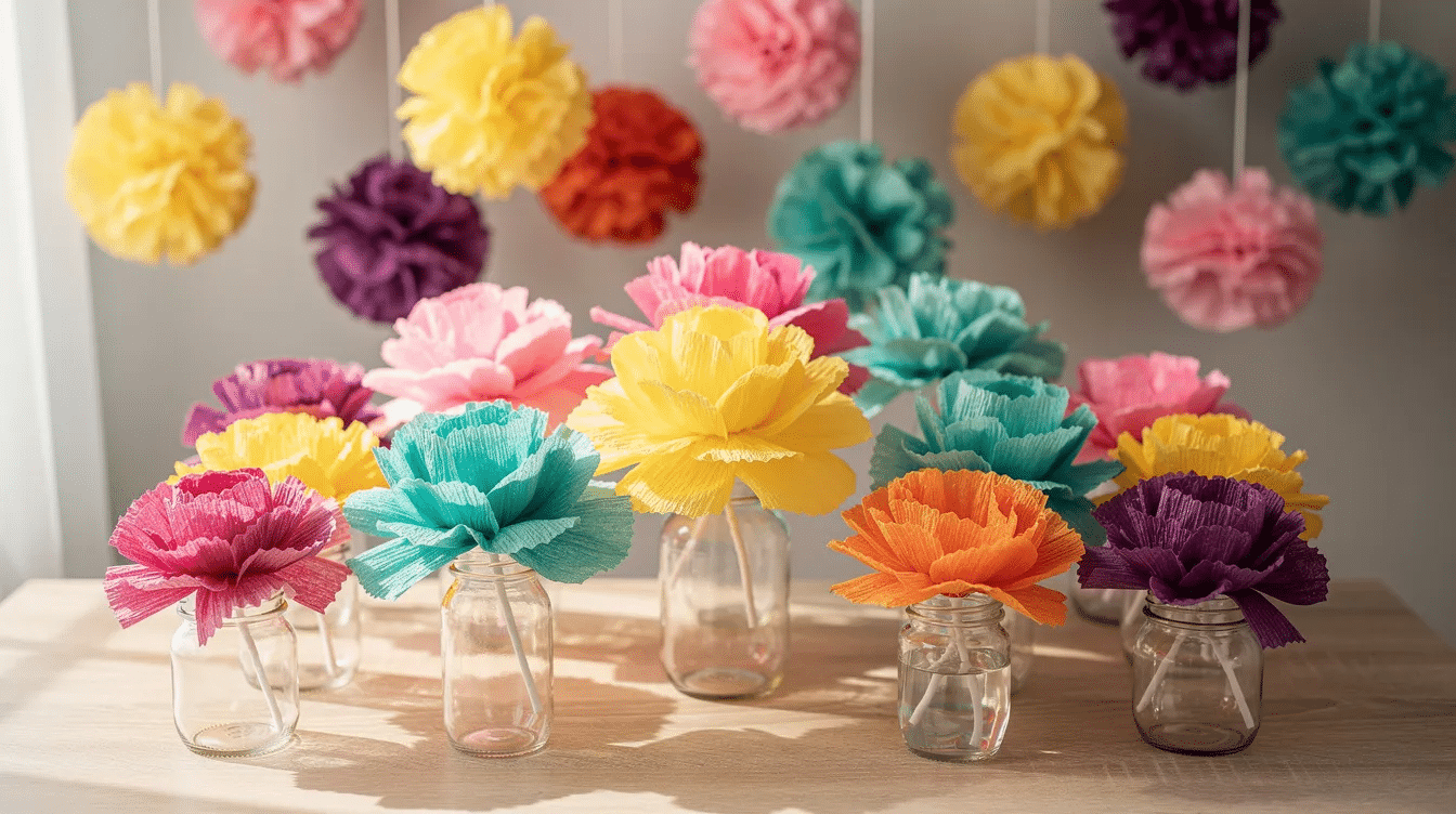 Ab2d8b07 5269 49f6 8ecc f073bb1ad2e0 The image features vibrant tissue paper and crepe paper meticulously shaped into colorful flowers and pom poms showcasing the creative possibilities of paper crafting This display highlights the beauty of various types of craft paper ideal for party decorations and DIY projects