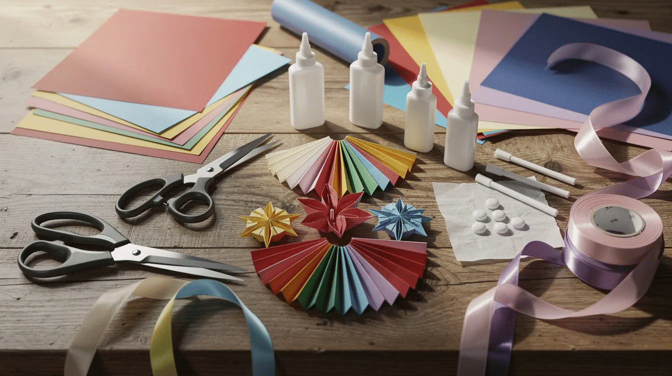 Ac82cfcc a6aa 4764 a781 2583e3e5a52c The image depicts an adult crafting table filled with colorful paper scissors glue and ribbon showcasing a variety of folded paper decorations such as paper flowers and paper chains This vibrant setup invites creativity and highlights the joy of engaging in fun paper crafts at home
