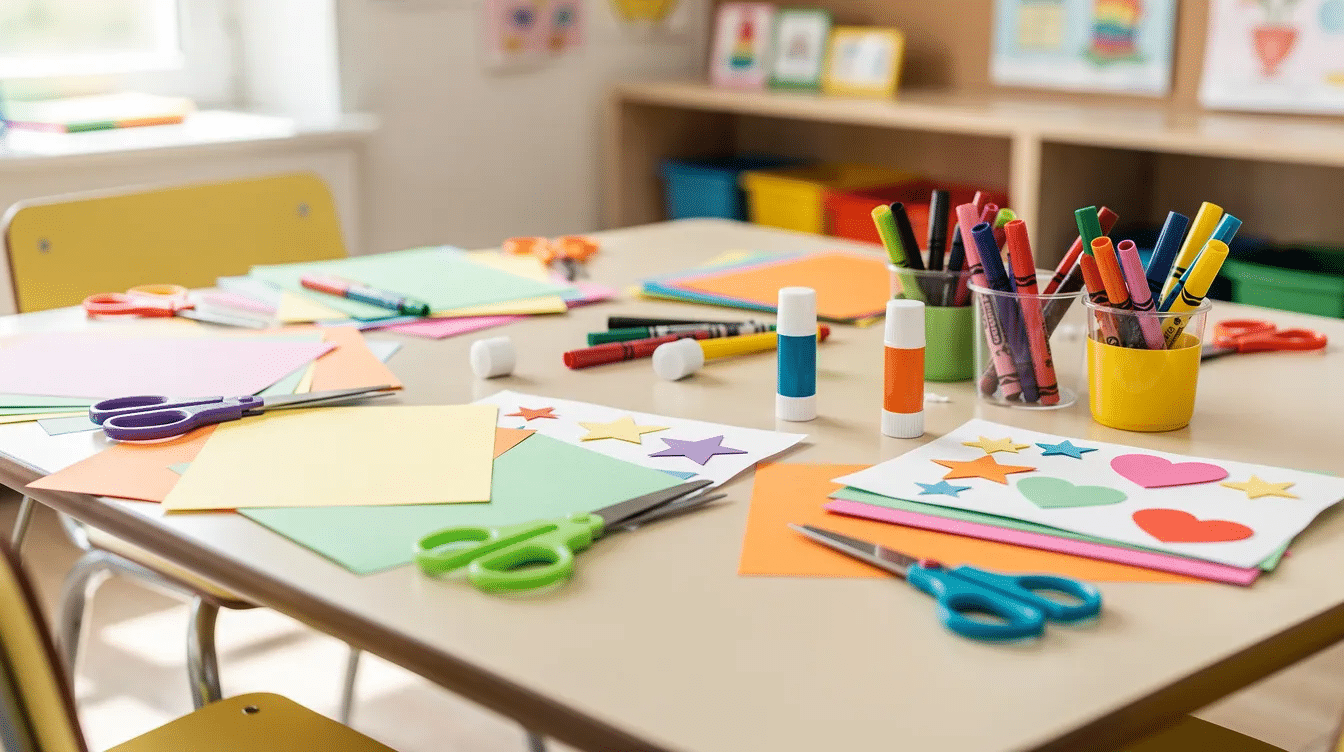 A classroom table is covered with an array of colorful construction paper scissors glue sticks and child safe craft supplies inviting children to engage in fun paper crafts that enhance their fine motor skills The vibrant materials are perfect for creating simple projects like paper flowers paper chains and other decorations for classroom activities