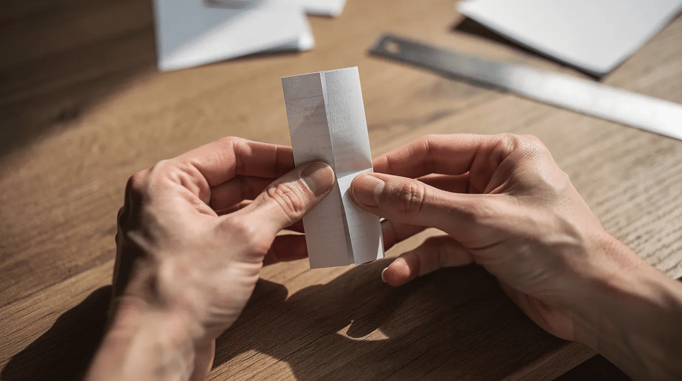 A close up image shows hands skillfully folding a small paper booklet on a table with sheets of lined paper and tools like scissors and a paper cutter nearby This DIY notebook project illustrates the process of creating your own notebook by folding and securing the pages together