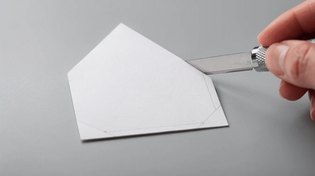 Afce07bb 13a2 421a 91ec d651dc009c0c An image shows a square piece of origami paper being carefully trimmed into a perfect pentagon shape The edges are aligned and the transformation highlights the precision needed to create various paper stars like the pointed origami star or lucky stars