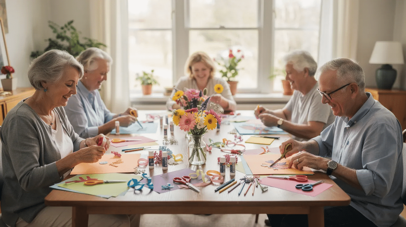A group of older adults is sitting around a table engaged in easy paper crafts using colorful materials like flowers glue and craft tools They are enjoying a fun way to express their creativity and share stories while enhancing their fine motor skills through various craft activities