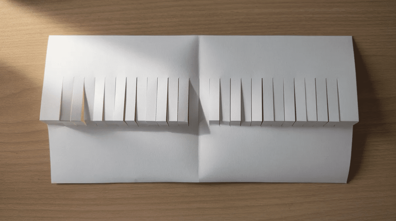 B290b478 d54c 4a96 a27e d197caaf3a26 A folded sheet of paper with evenly cut vertical slits is displayed ready for simple paper weaving projects The slits will allow colorful paper strips to be woven through creating interesting weaving patterns for kids and art teachers to explore