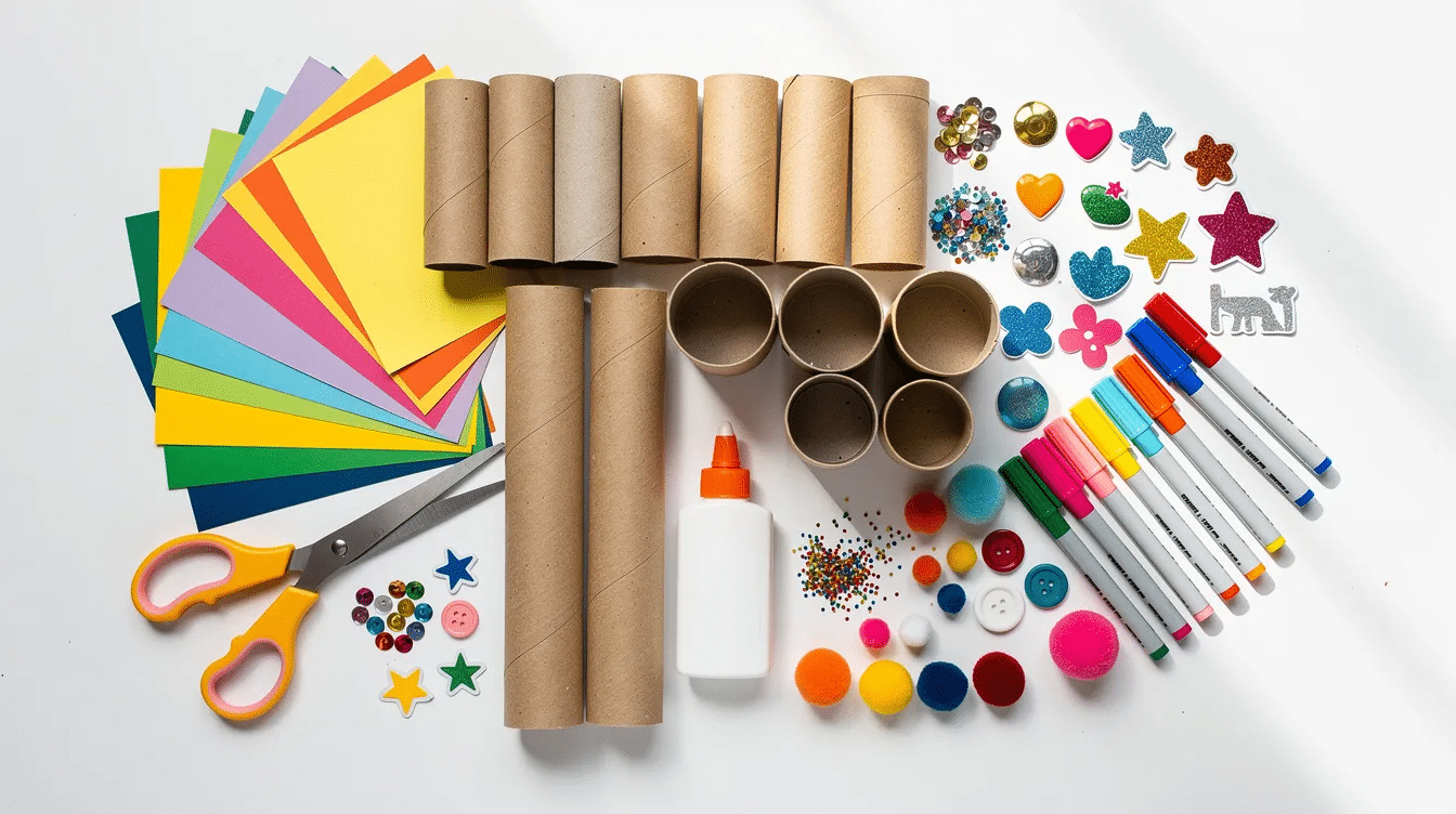 A flat lay displays various crafting supplies including cardboard tubes colourful construction paper scissors glue and markers ideal for creating an adorable toilet paper roll owl craft The arrangement showcases the materials needed for a fun and creative project that younger kids and older kids alike will enjoy