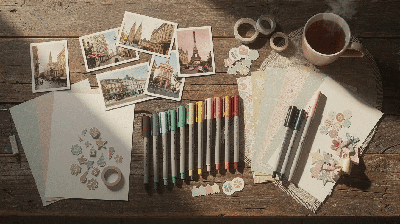 A cozy desk is filled with colorful scrapbook pages showcasing travel memories including travel photos themed stickers and patterned paper Pens and colored pencils are neatly arranged inviting creativity for crafting a travel journal scrapbook that captures adventures and funny stories