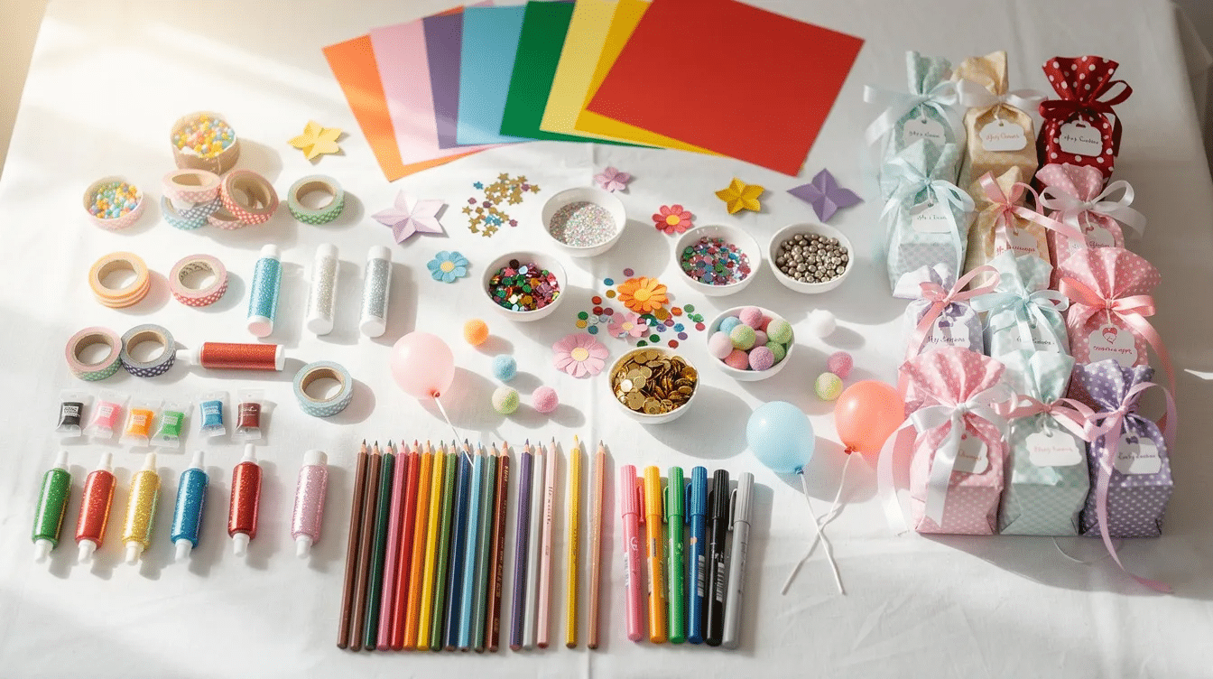 A vibrant party table is adorned with an array of craft supplies colorful decorations and neatly wrapped favors creating a festive atmosphere The scene suggests the use of printable sticker paper for personalizing gifts and adding custom stickers to enhance the celebration