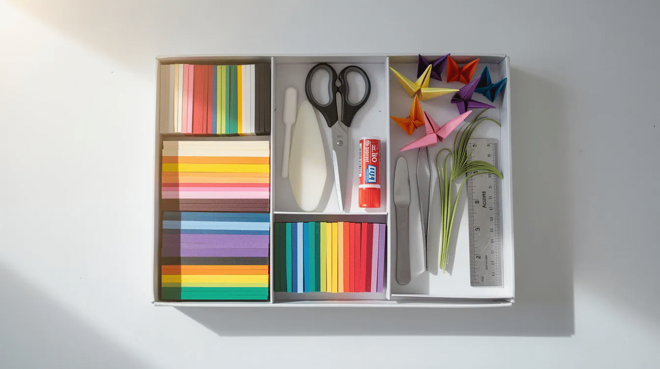 The image shows an organized shallow box filled with vibrant paper strips in various colors alongside essential quilling supplies like a quilling tool scissors a craft knife and tacky glue all arranged neatly for easy access This setup is perfect for anyone looking to create their own paper quilling strips and experiment with different quilling techniques