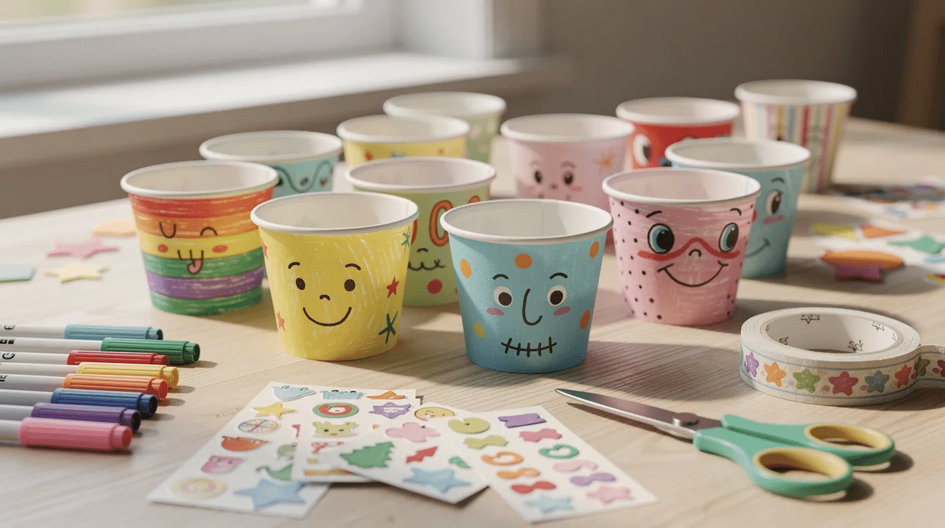 B9496ebf 5424 4b93 a94d 8915a8f1a1ca A vibrant assortment of handmade paper cups crafted from lined and waxed paper is displayed on a craft table alongside colorful markers stickers and scissors inviting kids to explore fun paper crafts The cups designed to hold small snacks or drinks showcase various creative shapes and designs