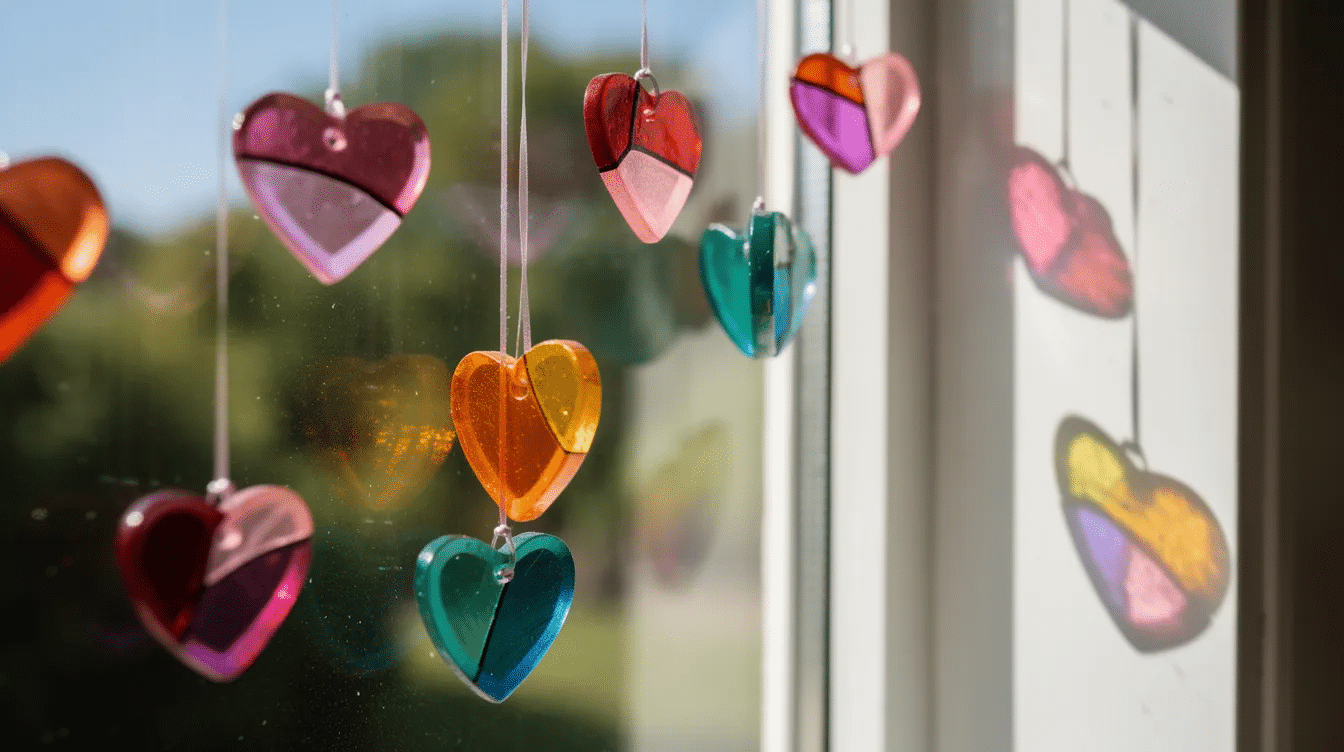 Bc83d644 00de 4644 ac8f 985bbd4dbac8 The image features colorful translucent heart decorations made from folded tissue paper hanging in a sunny window These cute paper hearts create a beautiful garland effect perfect for adding a festive touch to a home especially during Valentine's Day.