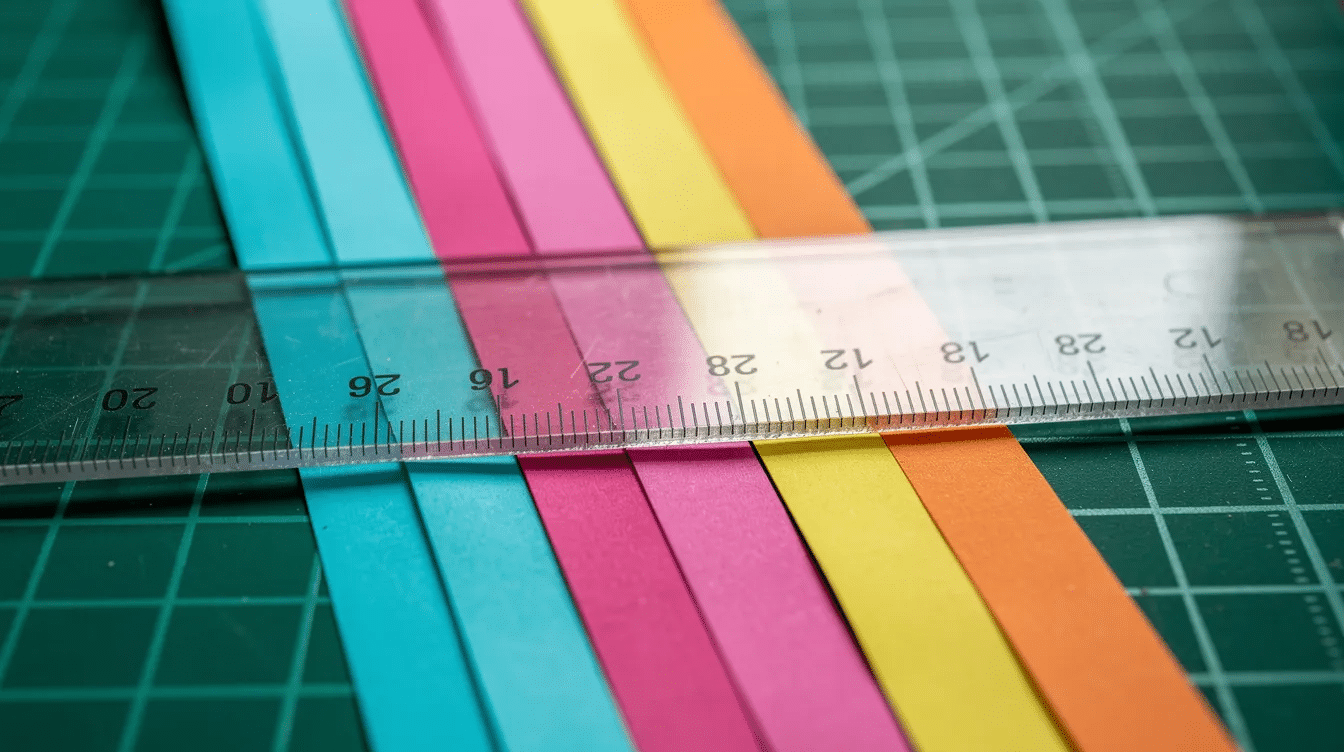A close up view shows a ruler positioned on colorful paper strips laid out on a cutting mat ready for crafting paper quilling strips The scene highlights the precision needed for cutting strips with a craft knife essential for creating intricate quilling designs