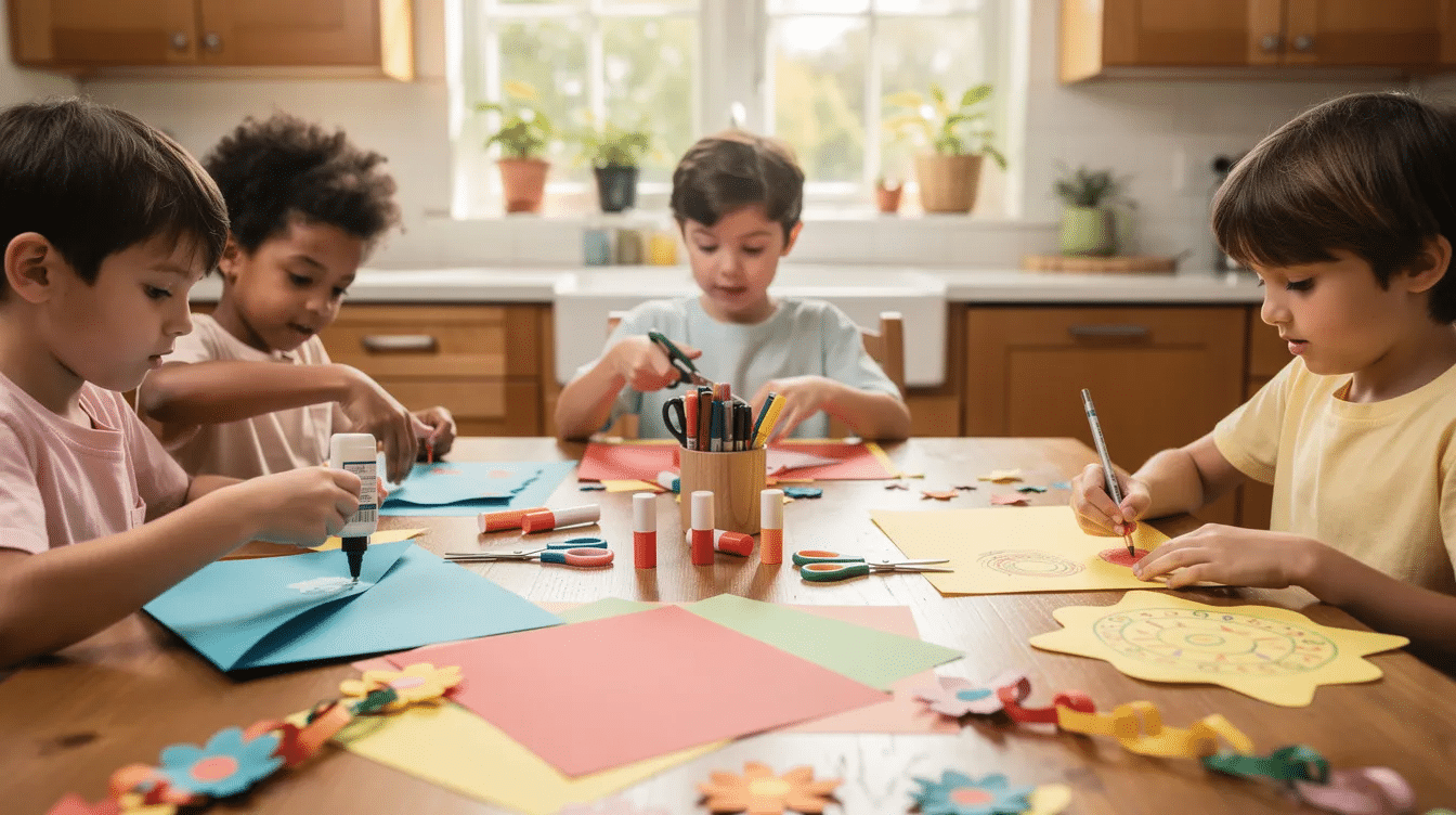 A group of children are sitting at a kitchen table happily engaged in making colorful paper crafts using scissors glue and markers This scene showcases a fun and creative way to spark imagination on a gloomy rainy day with simple supplies