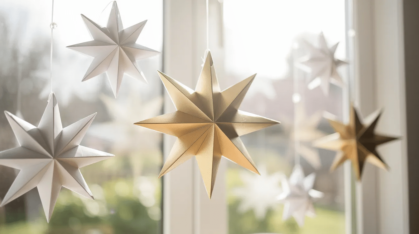 C2d7df57 9975 4d1a aaf7 c3ac377eca90 The image features finished white and gold D paper stars hanging gracefully in a bright window creating a festive atmosphere perfect for the holiday season These lovely paper star decorations add a touch of elegance and charm ideal for Christmas crafts and home decor