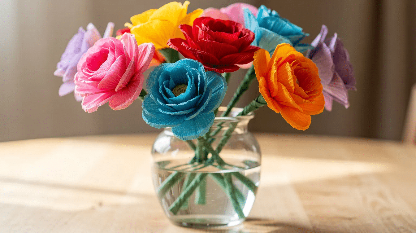 The image features a vibrant bouquet of handmade tissue paper flowers showcasing a variety of colors and simple designs arranged in a vase This creative paper craft is a fun way for seniors to engage their fine motor skills and express their creativity while proudly displaying their artistic projects