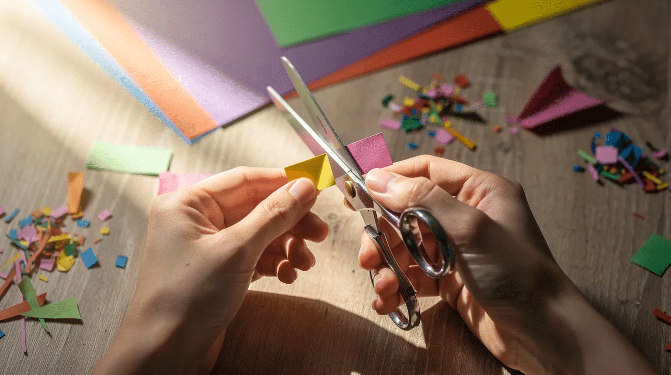 A pair of hands is cutting folded construction paper with scissors preparing to create strips for a paper lantern craft The vibrant yellow paper features a folded edge and the scene captures the fun and creativity of crafting perfect for kids and festive occasions like Lunar New Year
