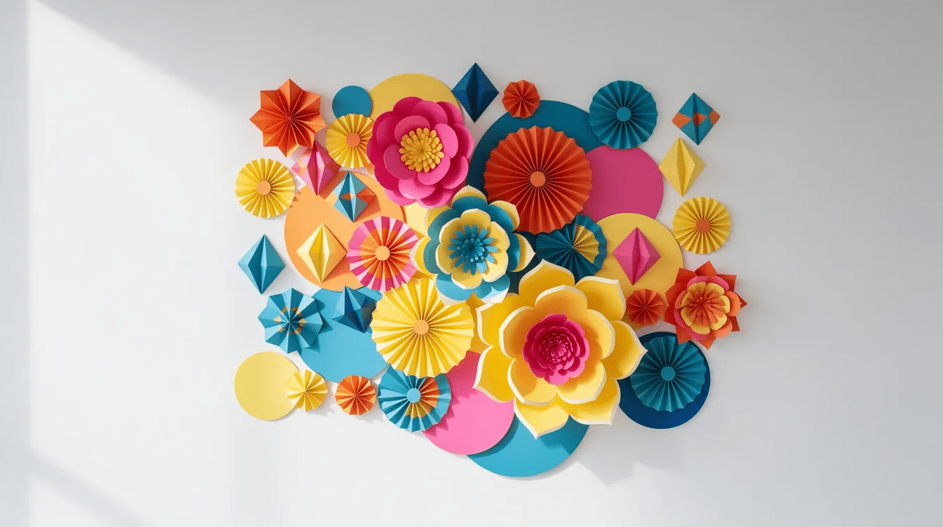 C39da4b5 2dc7 4577 827c ef22953633d2 The image features a vibrant paper craft wall display adorned with colorful paper flowers intricate folded shapes and layered art pieces showcasing unique artwork that adds a personal touch to a modern wall This stunning wall hanging serves as an inspiring idea for home decor perfect for decorating any craft room or living space