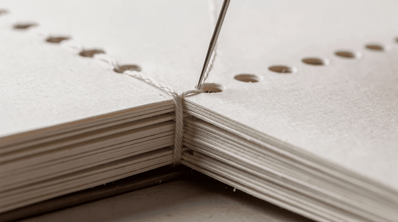 A close up image shows thread being threaded through punched holes in folded paper signatures illustrating a binding method for handmade journals This technique is essential for creating your own journal whether using scrapbook paper printer paper or watercolor paper for the inside pages