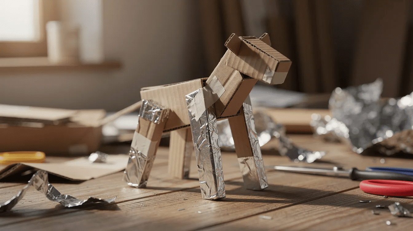A small cardboard and foil animal armature sits on a table ready for the first layer of paper mache This project showcases the basic structure for creating animal sculptures highlighting the use of materials like cardboard and foil to shape the form before adding layers of paper and glue