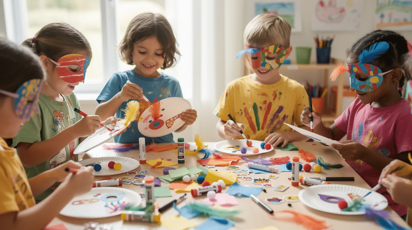 A group of children are joyfully creating colorful paper plate masks using felt tip markers and various craft supplies showcasing their fine motor skills and creativity This fun project encourages kids to decorate with colorful strips and googly eyes making it a perfect activity for classroom paper crafts