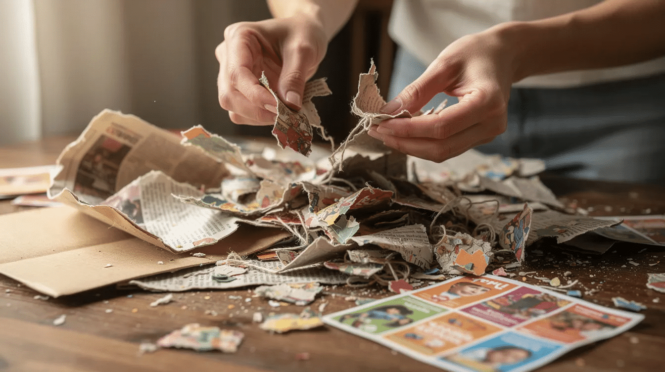 C4c1b960 7b98 441d a456 2a06617ea115 The image shows hands tearing various types of recycled papers including construction paper and junk mail into strips for a paper mache project This creative process highlights the use of different materials to inspire fun and artistic craft ideas