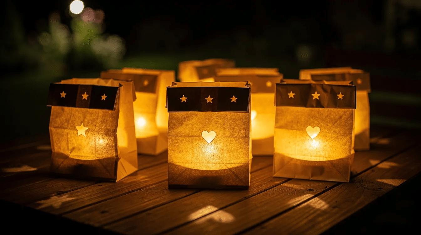 The image features paper bag luminaries softly glowing on a table creating a warm and inviting atmosphere These simple crafts are a fun way for seniors to express their creativity and proudly display their personal touch during craft activities