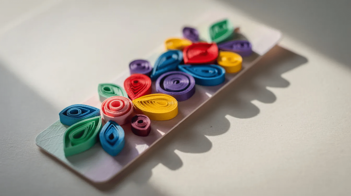 C580e782 2641 4917 a9c7 1068b59a6f49 A small handmade bookmark is adorned with colorful paper coils showcasing various quilled shapes that demonstrate basic quilling skills This delightful piece of quilling art is perfect for beginners looking to explore paper quilling projects