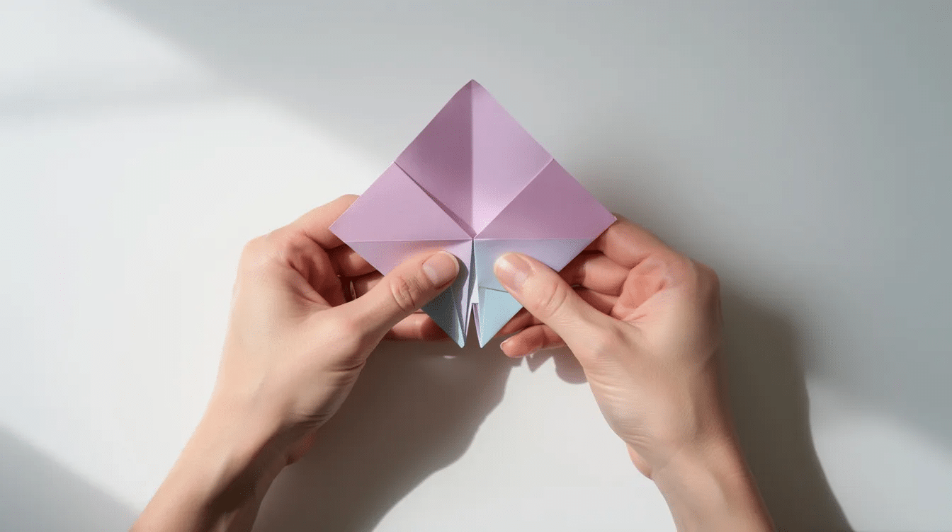 C6506801 64b0 4ca1 90a6 957048098995 A pair of hands is skillfully folding a small origami lily base on a clean table demonstrating the step by step instructions for creating a paper lily flower The square piece of origami paper features a colored side and the fingers carefully manipulate the edges to form the delicate shape of the flower