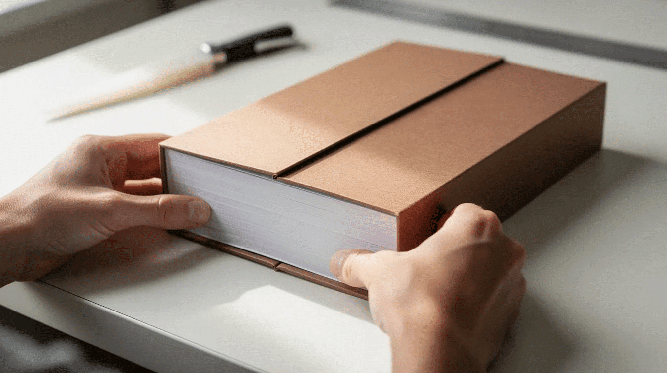 The image shows a card stock cover being carefully aligned around the folded pages of a hand bound notebook with binder clips securing the edges in place This process is part of a book binding tutorial for beginners demonstrating how to prepare the cover for stitching and securing the inside pages