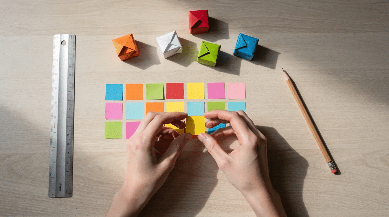 The image shows hands skillfully arranging colorful paper squares alongside a ruler pencil and small folded paper gift boxes on a craft table highlighting the process of creating DIY paper gift boxes without glue Scissors and tape are also visible suggesting a fun and creative paper craft activity