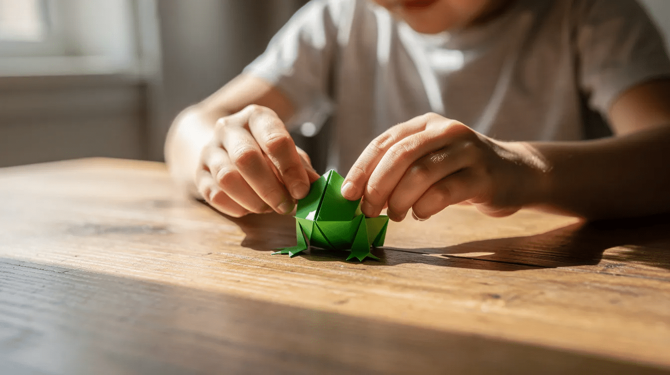 C92bf514 d68e 4bba b669 a78751f40973 A child is carefully folding a small green origami frog on a wooden table concentrating on the dotted lines and creases to create a cute jumping frog The scene captures the joy of making origami with the childs fingers positioned to flip and form the frog's legs.