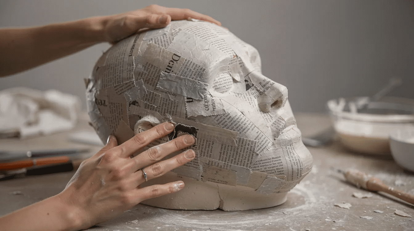 Two hands are applying wet newspaper strips over a rounded mask form creating a basic shape for a paper mache mask The process involves using craft supplies like glue and tape to completely cover the mold preparing it for decoration once it dries completely