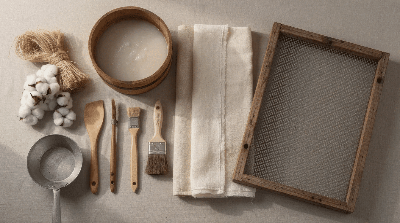 Cb109afd a2b2 4195 be37 27fe9c02ad04 The image features an array of artist tools for handmade paper including cotton fabric and a wooden screen essential for creating high quality watercolor paper The setup highlights various materials and textures used in the papermaking process perfect for students and artists looking to explore watercolor painting