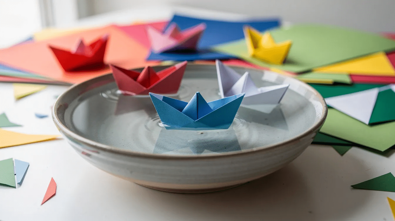 A shallow bowl of water holds several small folded paper boats gently floating amidst the surface while vibrant sheets of craft paper in various colors are arranged nearby This scene inspires creativity and offers a fun engaging activity for kids on a rainy day
