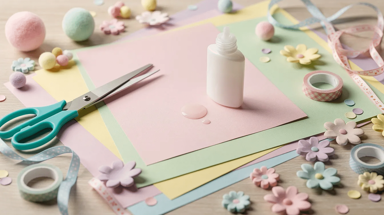 Cfd86bcf b78c 4ce6 a1e9 16707dced1a5 A colorful array of craft supplies is spread across a table featuring paper scissors glue and pastel decorations perfect for creating a simple paper Easter basket The vibrant materials invite kids and families to engage in fun DIY Easter basket projects making it an easy and enjoyable crafting experience