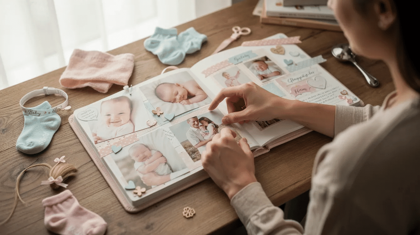 Cffb31d1 ebde 4d92 8c88 bc12167279a3 A parent is carefully arranging candid baby photos soft fabric and small keepsakes on a scrapbook page creating a beautiful layout to capture all those precious moments from their baby's first year. This baby scrapbook page showcases the joy and love shared with family and friends, celebrating special memories and milestones.
