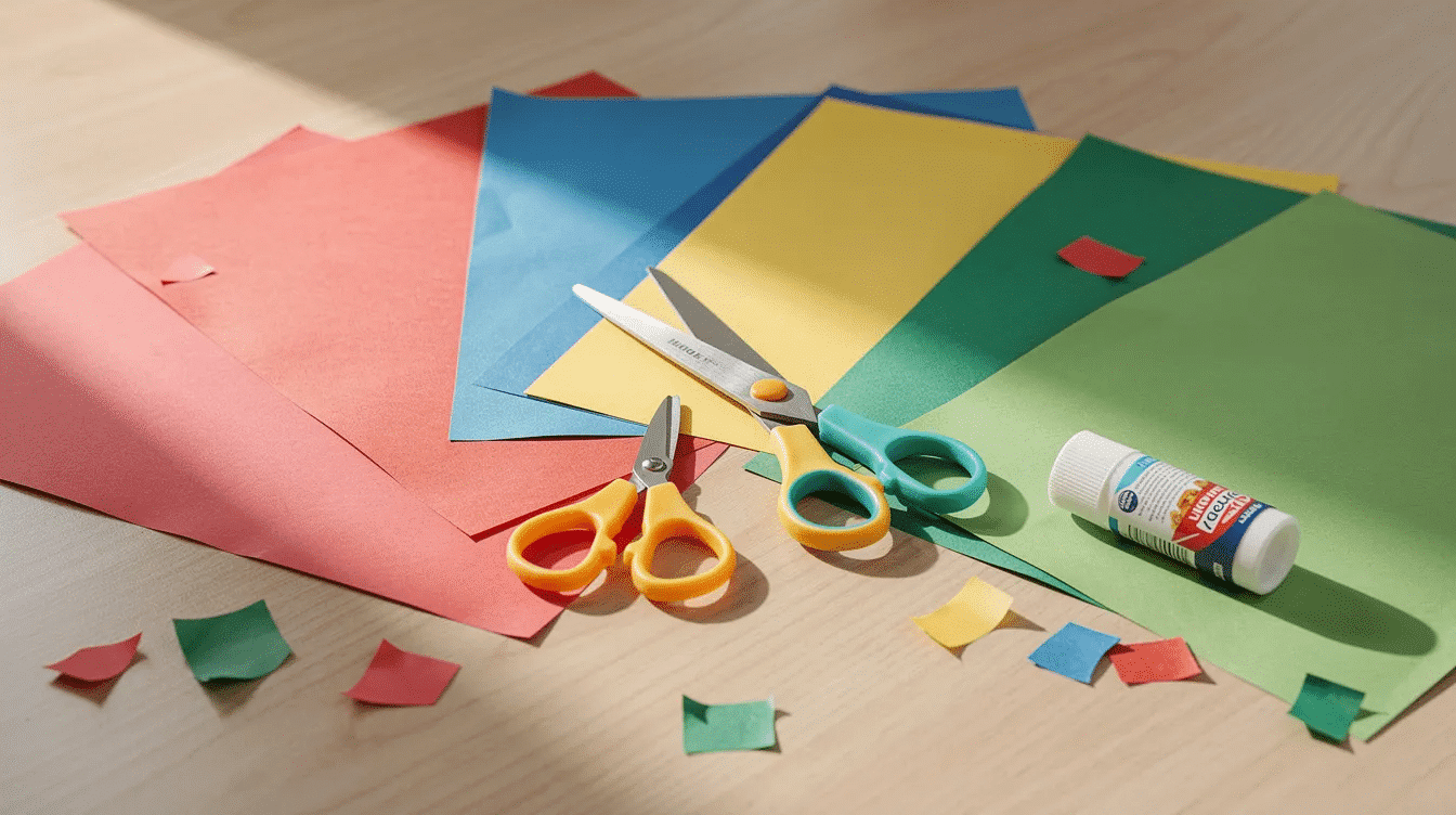 D17eec86 5036 495e b4d9 02eebecf313e A craft table is filled with child safe scissors colorful construction paper and a glue stick perfect for inspiring creativity while making simple pop up cards Nearby colored pencils and crayons are ready for kids to draw and decorate their DIY pop card ideas for birthday parties or special gifts