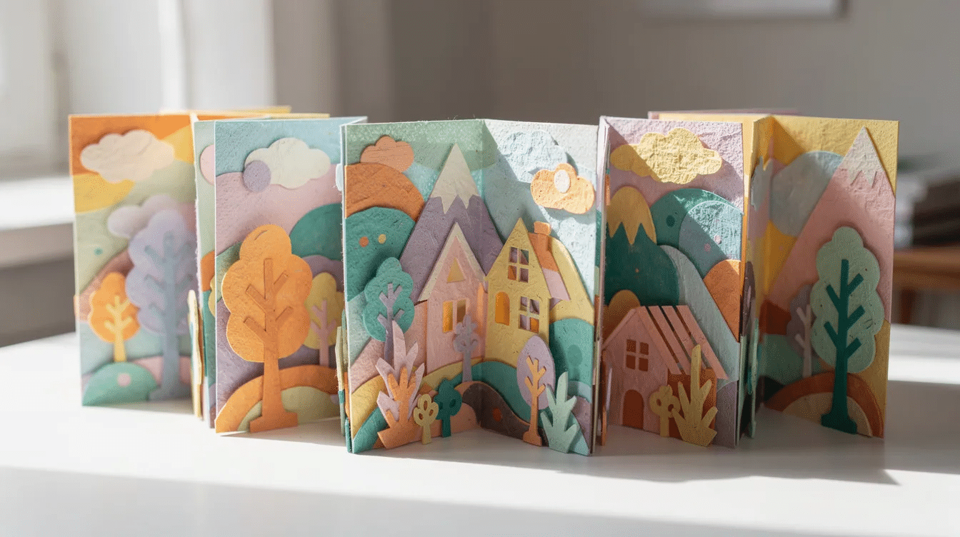 D18fc67f cad0 4e2e 91fe 8dde1ae7a07e The image features colorful handmade pop up scenes created from various sheets of construction paper standing open to reveal multiple pop ups that inspire creativity This vibrant display showcases the fun of making simple pop up cards perfect for birthday parties or as a thoughtful gift