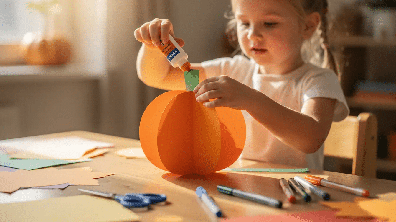 D2a18ef3 9cbb 43f8 8bf7 522f073fc646 A child is carefully adding a paper stem to a cute paper pumpkin craft using a hot glue gun The vibrant orange paper and paper strips create an adorable pumpkin shape showcasing a fun way for kids to enhance their fine motor skills while preparing for fall and Halloween