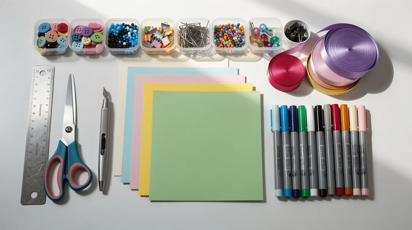 D332b52c 9290 44c5 bd77 001a89d72416 A bright craft table is filled with neatly arranged paper crafting tools including scissors cardstock ribbons markers and small containers showcasing essential supplies for beginners and experienced paper crafters alike This organized workspace highlights the creative possibilities of various craft projects such as card making and scrapbooking