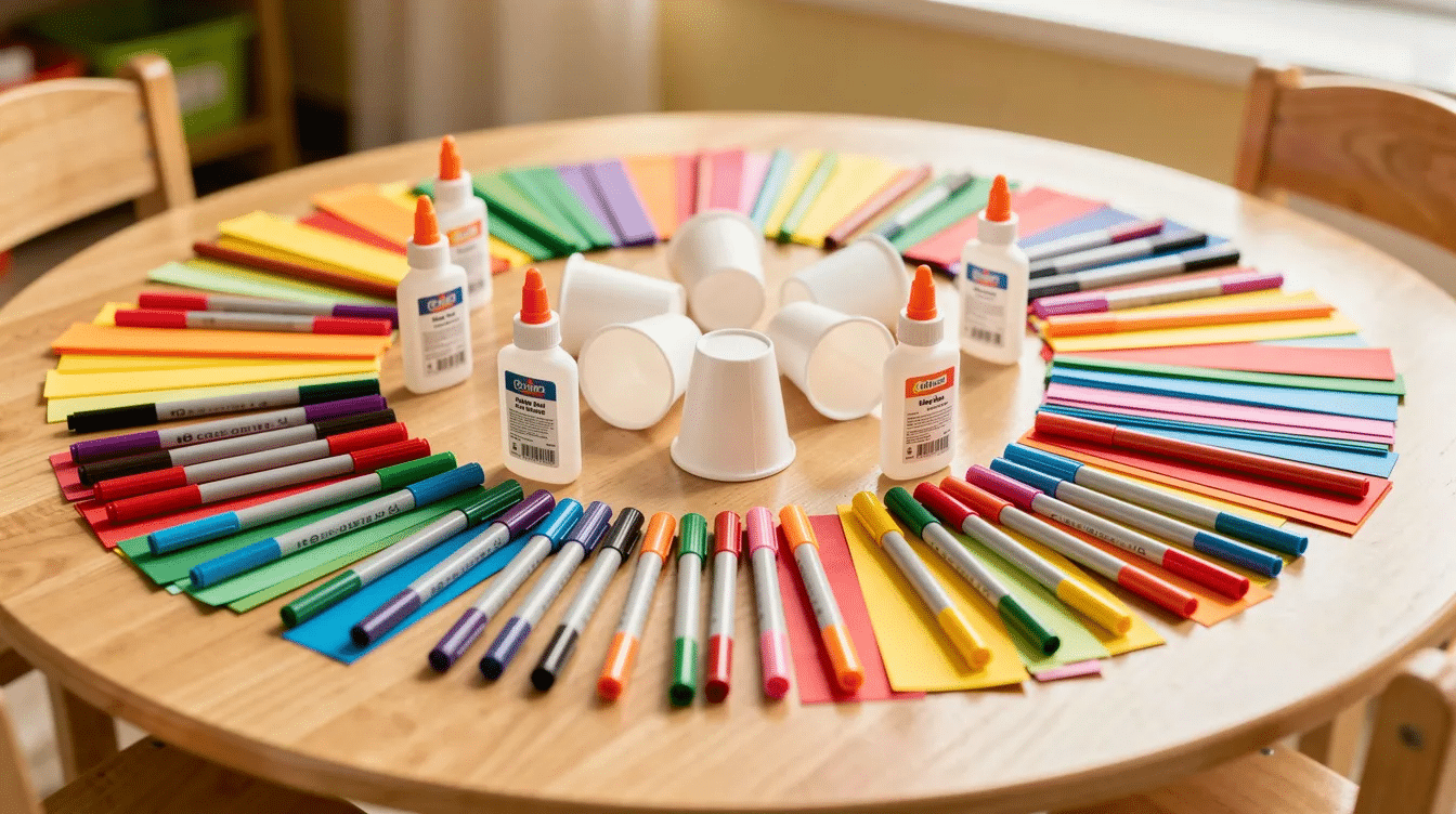 D3c76d9e 41b2 4bd4 9e1a d2a323016635 A vibrant preschool craft table is filled with paper cups colorful markers glue and strips of paper inviting children to create their own paper cup octopus craft The setup encourages fine motor skills and creativity as little ones transform simple materials into fun ocean animals