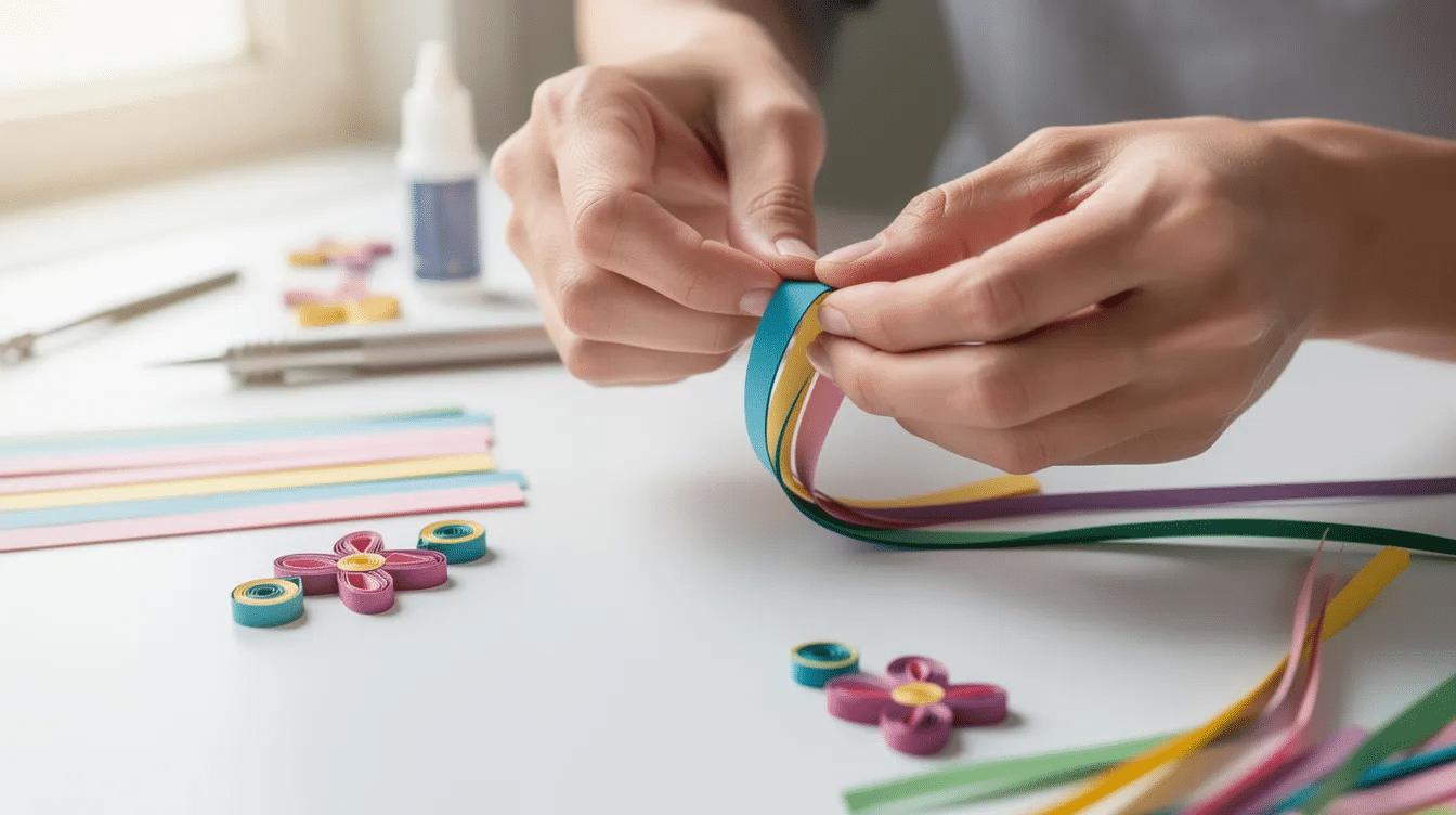Two hands are skillfully rolling colorful quilling paper strips into small flower coils on a clean craft table using thumb and index finger to create a tight coil The scene captures the delicate process of crafting quilling flowers with a few straight pins and tools like a slotted tool nearby as white glue dries on the finished pieces